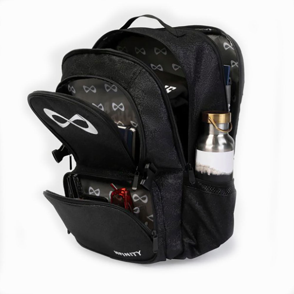 Nfinity Sparkle backpack in black with white logo for cheerleaders