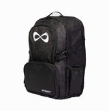 Nfinity Black glitter backpack with a white nfinity logo on a light gray background