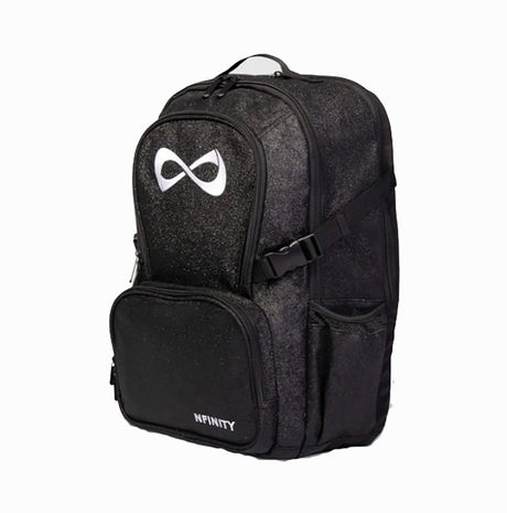 Nfinity Black glitter backpack with a white nfinity logo on a light gray background