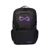 nfinity black sparkle backpack with purple Nfinity logo