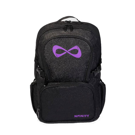 nfinity black sparkle backpack with purple Nfinity logo