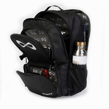 Nfinity Sparkle backpack in black with white logo for cheerleaders