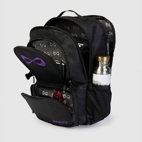Nfinity black sparkle cheer backpack with purple logo