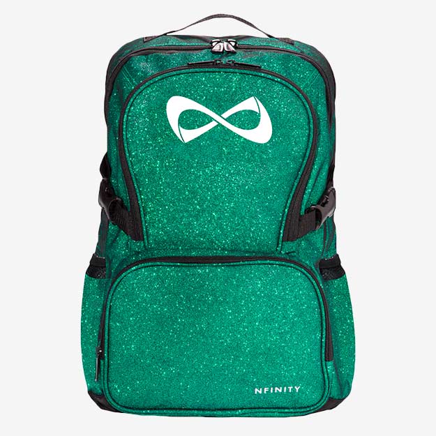 Nfinity sparkle backpack uk, in gree sparkle with a white logo
