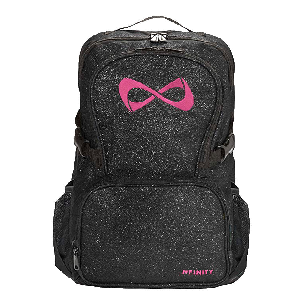 Black sparkle backpack. Nfinity Black sparkle backpack uk with a pink logo 