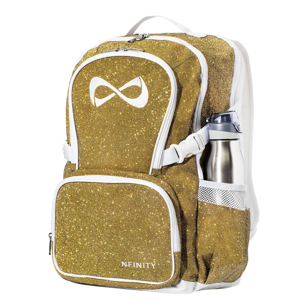 Nfinity sparkle backpack in gold with a white logo