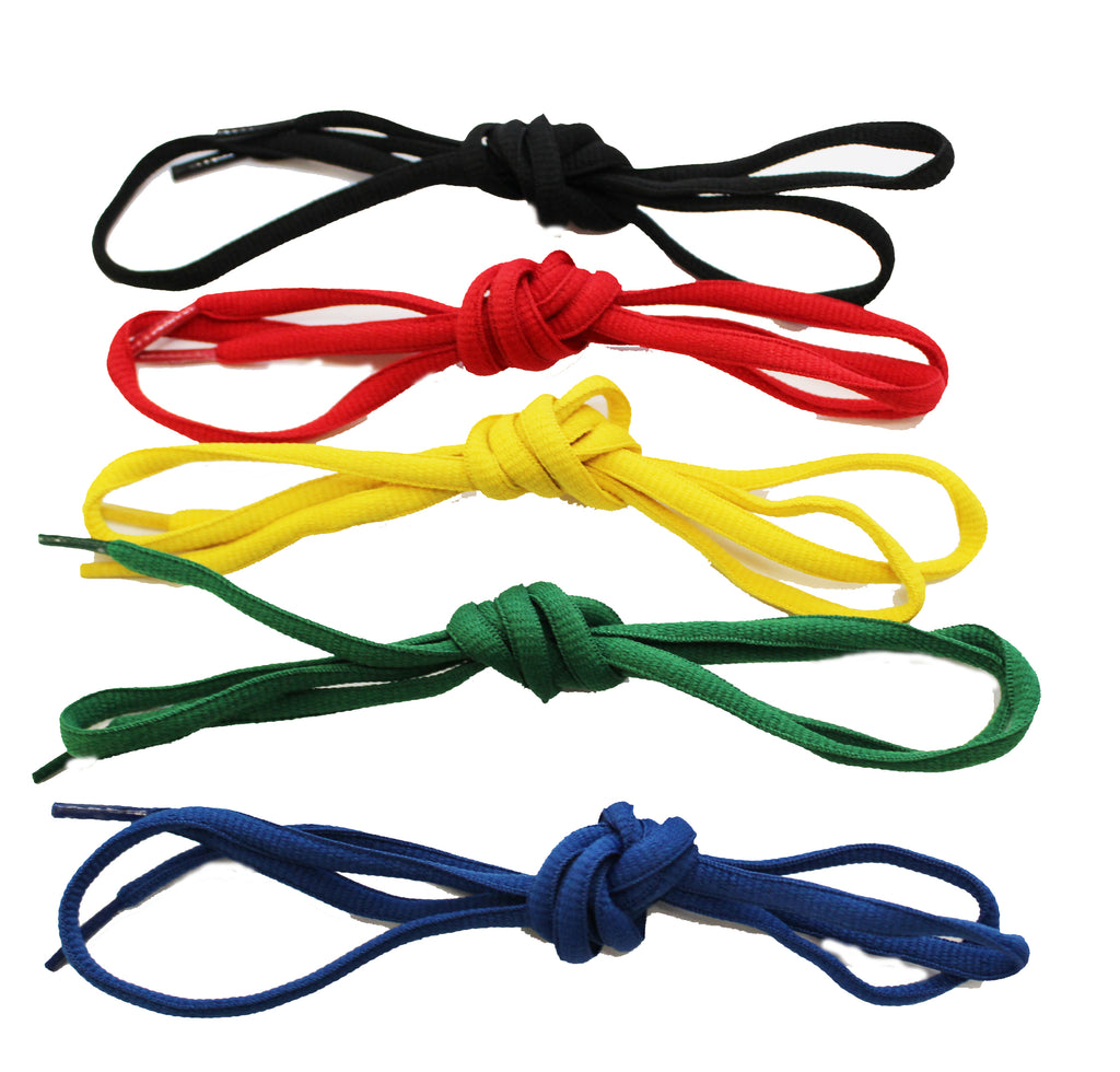 Red, black, green and yellow laces that come with the Tumble cheer shoes